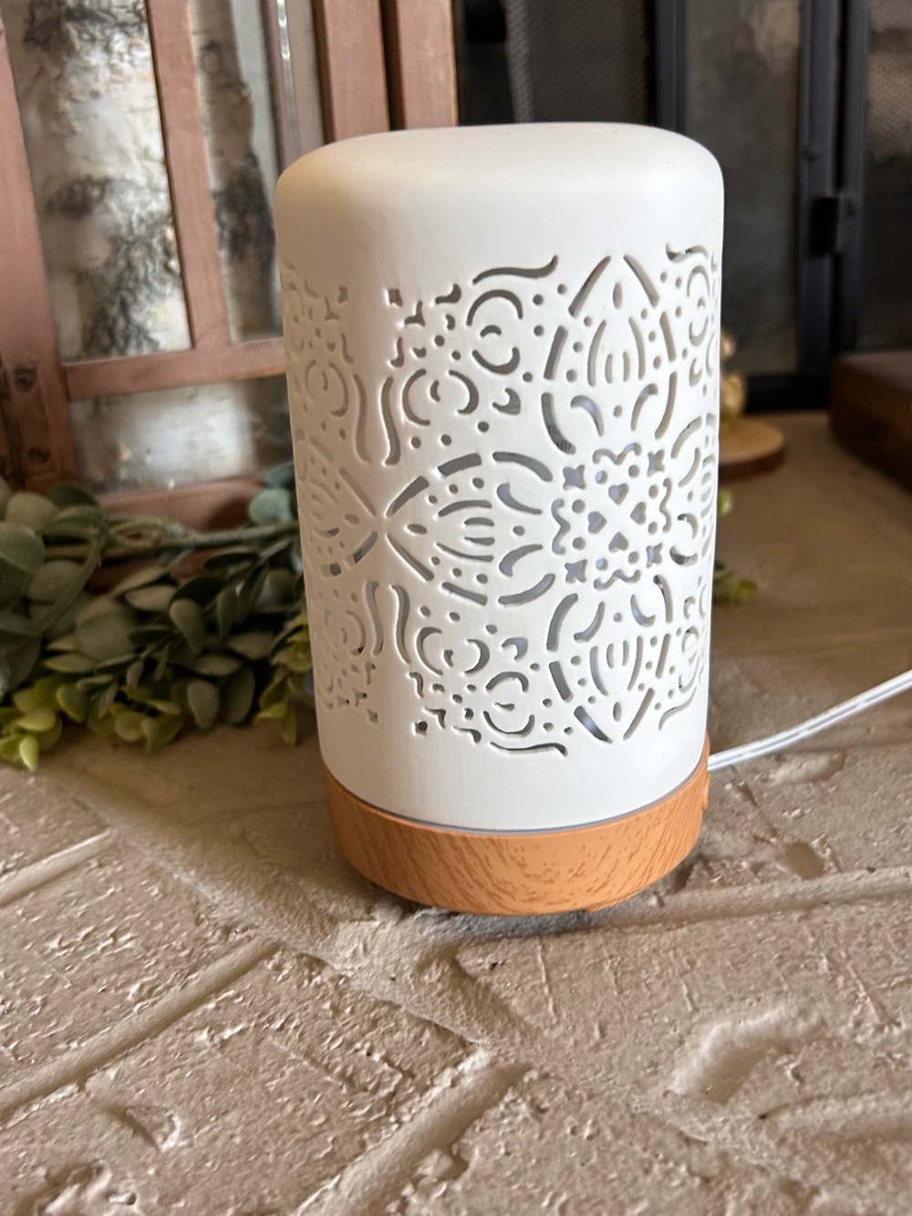 White Ceramic Mandala Aroma Diffuser with Wood Base